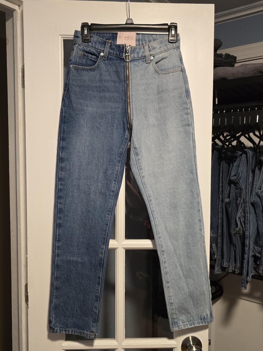 REVICE Two-Tone Straight Leg Jeans in Dark and Light Blue
